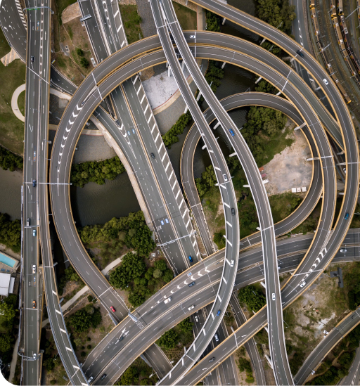 A tangle of many intersecting highways viewed from high above.