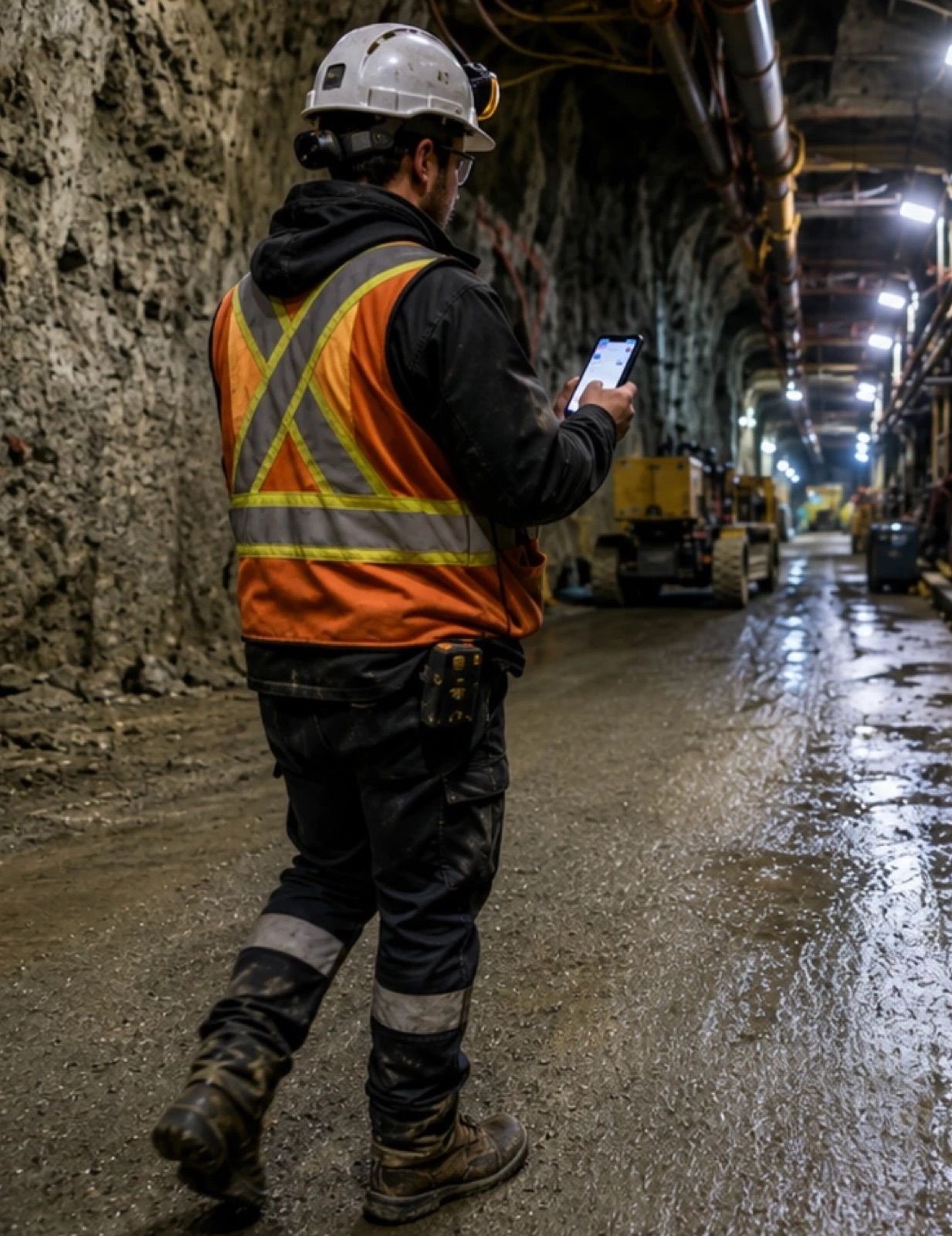 A worker in a hard hat and hi-vis vest follows phone navigation through an underground mine tunnel